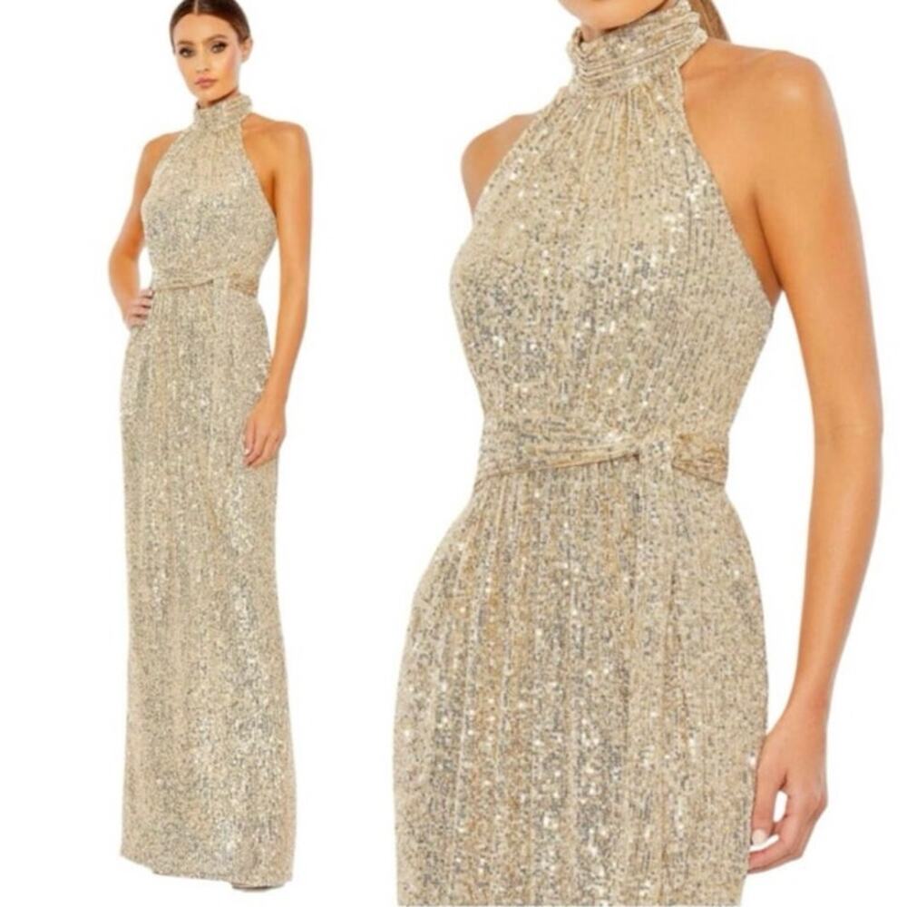 MAC DUGGAL 11281 Sequined Halter Belted Soft Tie Gown, Size 4, New with Tag $398